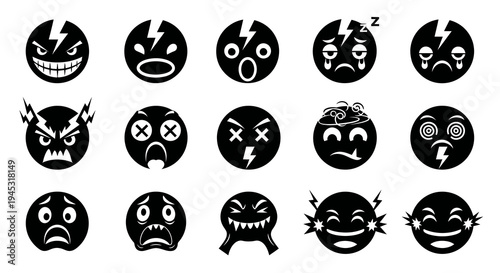 Black  White Emoji Icons: Emotions, Expressions, and Feelings Set