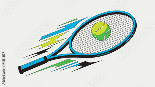 A blue tennis racket with a green tennis ball in motion on a white background with colorful streaks