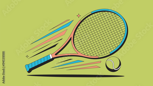 A colorful illustration of a tennis racket and ball in motion on a green background