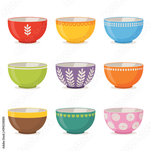 Isolated set of colorful ceramic bowls and porcelain dishes on a clean white background for kitchen food or breakfast