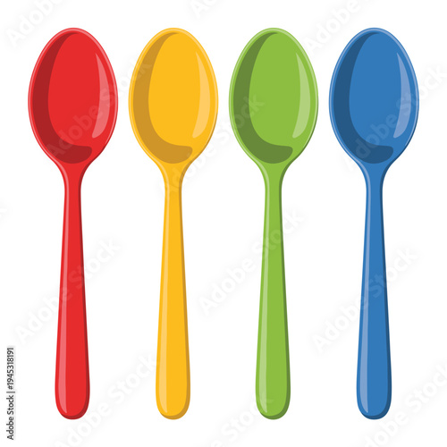 A set of colorful plastic spoons and forks creates a vibrant kitchen utensil illustration for a restaurant menu or dinner meal icon design on a white table