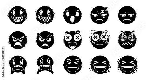 Black and White Emoji Icons, Emotions, Faces, Vector Graphics