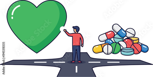 Man choosing between healthy green heart and pile of medical pills at road intersection