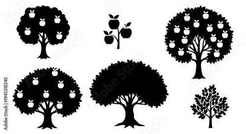 Black  White Apple Trees Silhouette Icon Set