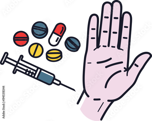 Human hand with medical syringe and various colorful pills and capsules showing drug prevention