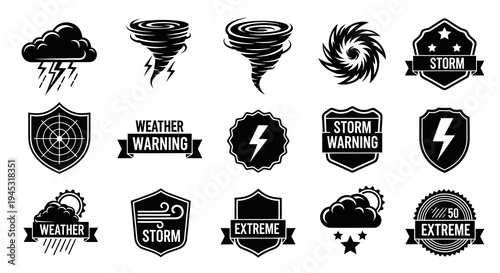 Black  White Icons: Weather Storm Warning Symbols, Weather Protection, Tornado, Lightning