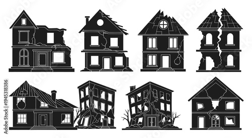 Black and White Silhouettes of Damaged and Destroyed Houses
