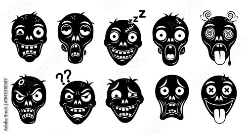 Black and White Zombie Faces Icons Set, Horror Halloween Vector Art
