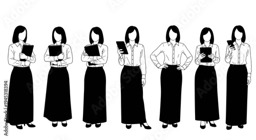 Black and white line art of women in business attire holding documents