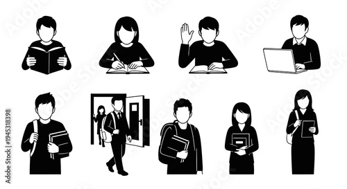Black and White Student Icons: Reading, Writing, Laptop, Studying