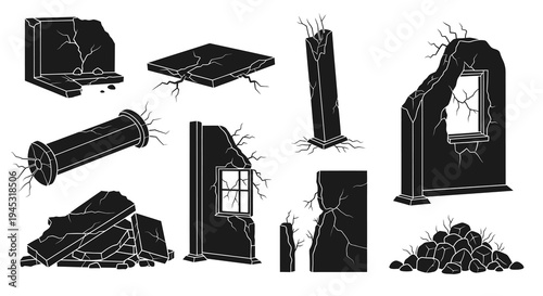Black and White Glyph of Ruined Building Elements for Destruction Themes