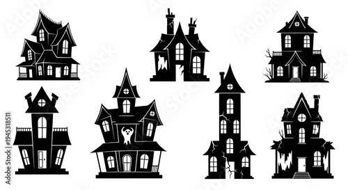 Halloween Horror Haunted Houses Silhouette Glyph Set - Spooky Mansion Buildings Collection