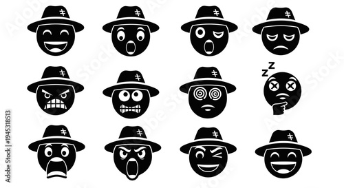 Black and White Fedora Hat Emoji Icons, Various Emotions, Vector Art