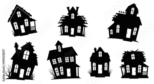 Spooky Halloween haunted houses silhouette vector illustration
