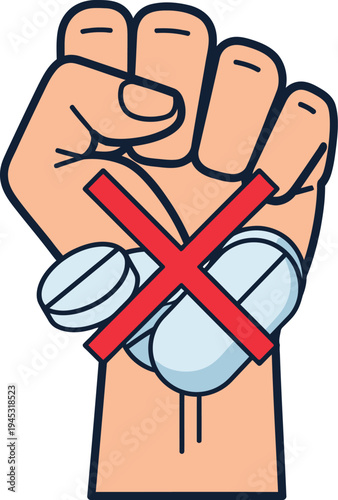 Clenched fist holding pills with red cross, symbol of drug abstinence and refusal concept