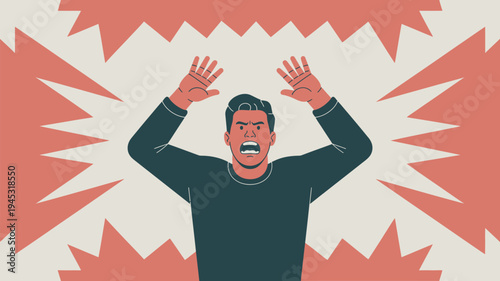 A cartoon man expressing frustration with his hands raised in anger and a red explosion background