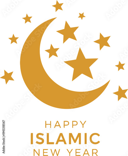 Crescent moon and stars with text happy islamic new year