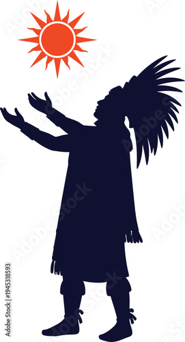 Silhouette of indigenous leader worshipping sun during winter solstice ceremony