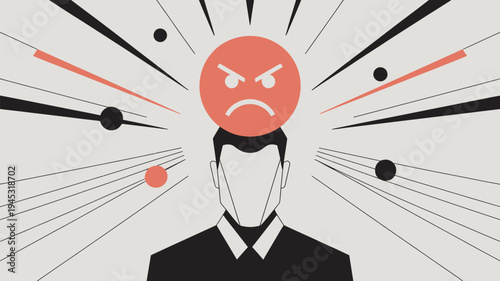 A man in a suit with an angry face on his head, surrounded by explosive lines and shapes, conveying stress and frustration.