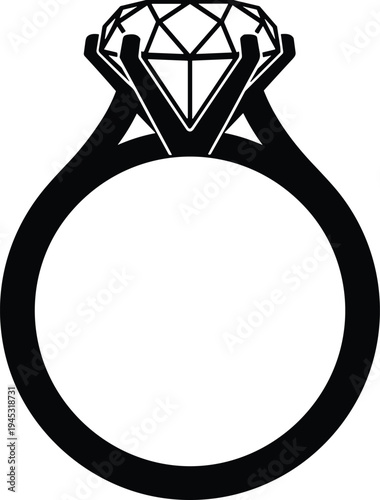 Diamond engagement ring silhouette vector icon, black wedding band with gemstone isolated on white background, jewelry symbol for marriage proposal.