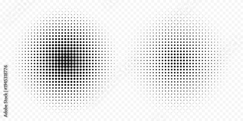 Set of halftone dots gradient pattern texture isolated on white background. Straight dotted spots using halftone circle dot raster texture. Vector blot half tone collection.