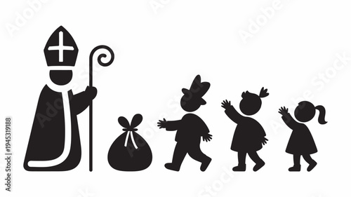 A black and white illustration of Saint Nicholas with a sack of gifts and three happy children