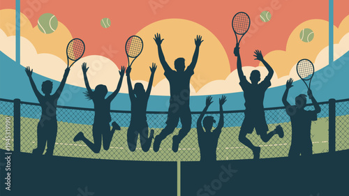 A group of people playing tennis on a court at sunset with a mountain view