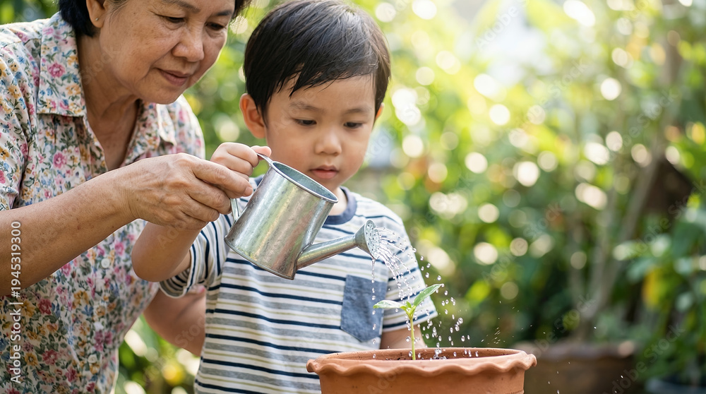 Naklejka premium Grandmother guiding a young child while watering a small plant in a garden pot together during a calm outdoor moment teaching care for nature and simple gardening