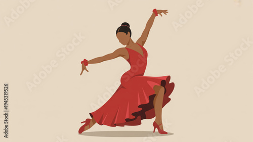 Woman in red dress dancing dynamically with raised arms and flowing skirt in a studio