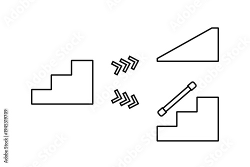 階段をスロープにしたり手すりをつけたりしてバリアフリー化するイメージイラスト