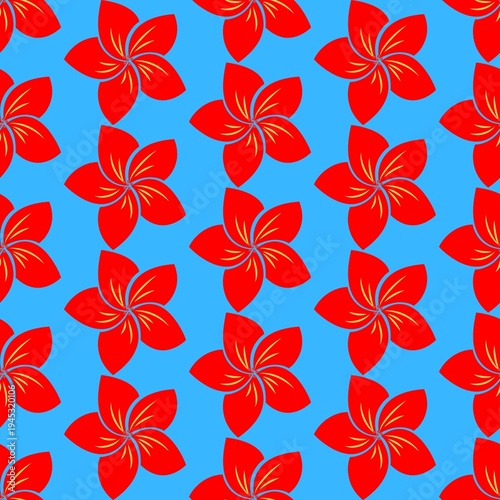 Red Flower Seamless Pattern With Blue Background