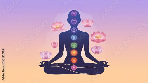 Person meditating in lotus position with colorful chakras and lotus flowers symbolizing spiritual balance and harmony