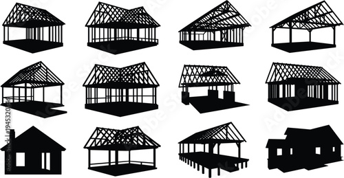 Collection of silhouette images depicting various types of open air structures and pavilions with exposed roof framing and support posts