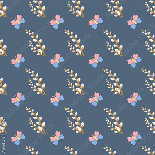 Seamless pattern with stylized butterflies and pussy willow branches on dark blue background, charming nature-inspired design for textiles, wallpapers, and decorative prints