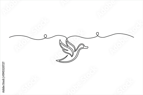 Minimalist continuous line art of a flying duck with open wings. Elegant and modern bird silhouette icon for logos, branding, and graphic design.