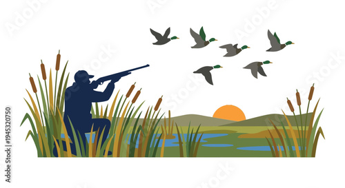 Hunter aiming a shotgun at a flock of ducks in a wetland scene