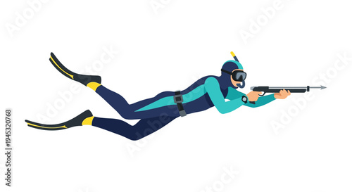 A scuba diver aims a speargun underwater in a streamlined pose