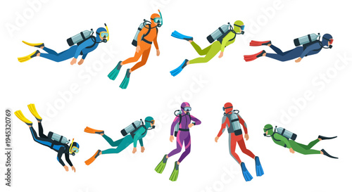Isometric illustration of diverse scuba divers in various wetsuit colors