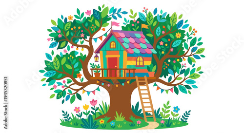 Colorful treehouse nestled within lush green foliage and vibrant flowers