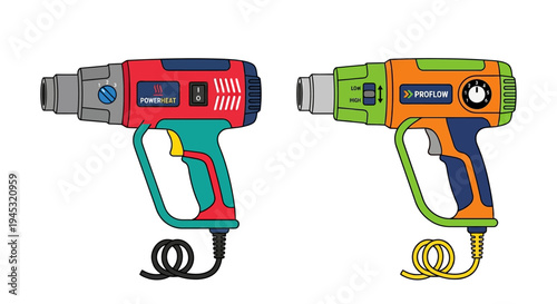 Two colorful heat guns are illustrated side by side with power cords
