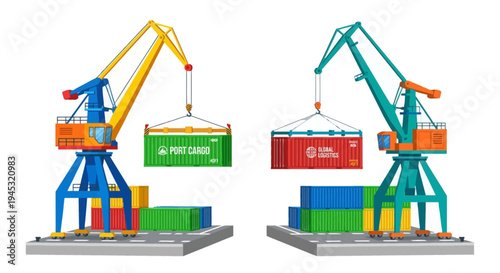 Colorful illustration of two harbor cranes lifting shipping containers