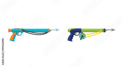 Two colorful speargun illustrations against a clean white background