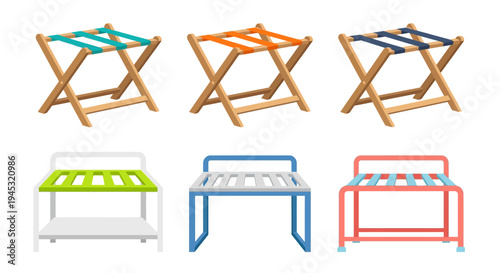 Colorful wooden folding stools and small tables on white background