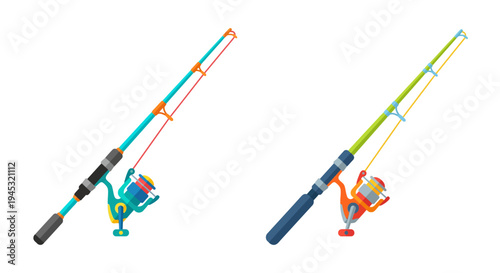 Two colorful fishing rods with reels isolated on a white background