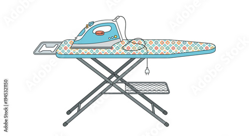 A colorful illustration depicts an iron and ironing board setup