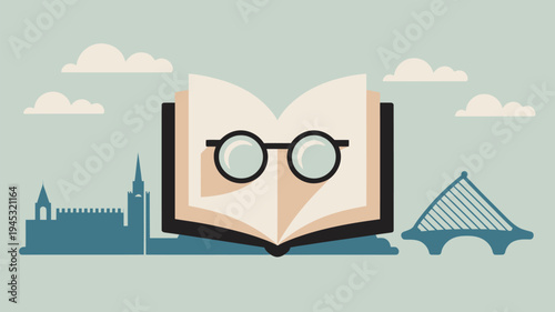 An illustration of an open book with glasses in front of a city skyline and bridge