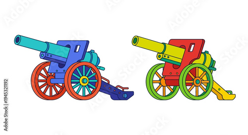 Colorful cartoon illustration depicting two vintage cannons side by side