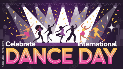 People dancing on stage with spotlights celebrating international dance day with confetti