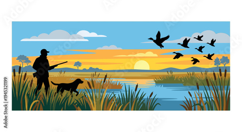Hunter dog and flock of ducks silhouetted against a sunset landscape