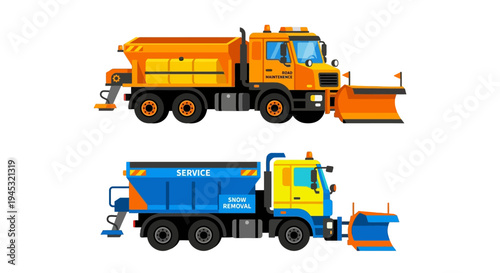 Illustration of two heavy duty snow removal trucks in vibrant colors